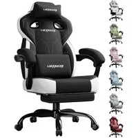 LUCKRACER Gaming-Stuhl Stoff/Kunstleder, Bürostuhl mit verbundenen Armlehnen, Memory-Schaum, 90–155° Neigungswinkel und Fußstütze