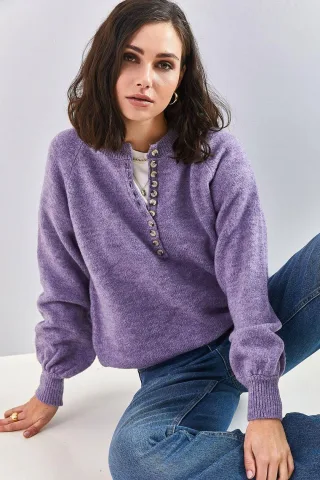 Knopfkragen Lässig Sitzender Strickpullover