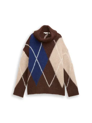 Tom Tailor - Oversize Rollkragenpullover mit Wollanteil brown blue argyle knit dsign - Gr. - S