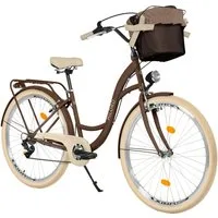Milord Cityrad Damenfahrrad Citybike Mit Metallkorb Fahrrad 26/28 Zoll 7-Gang Braun, (Fahrradständer, Gepäckträger, Klingel, Korb, Kotflügel)