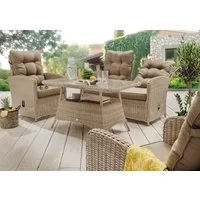 Destiny Loungeset MERANO, Polyrattan, 2 Sessel, 2er Sofa, 1 Tisch 120x77x66cm, inkl. Auflagen