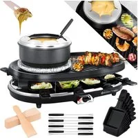 KESSER Raclette, 8 Raclettepfännchen, 1500 W, 3in1 Raclette-Grill mit Naturgrillstein, Grillplatte u. Fondue