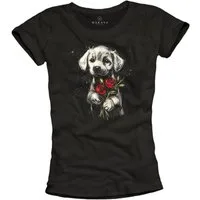 MAKAYA Print-Shirt mit Hundemotiv Damen Top Blumen Hund Kurzarmshirt Schwarz (Größen, S, M, L, XL) mit Aufdruck