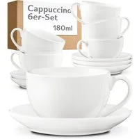 Cosumy Cappuccinotasse Cappuccino Tassen Set 6er mit Untertassen – Kaffeetassen Keramik 180ml, 6-tlg., Keramik, Mit Untertassen - Hält Lange warm - Spülmaschinenfest - 180ml