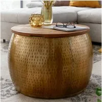 FINEBUY Couchtisch FB80735 Sofatisch Rund Metall Ø 60 cm Tisch Stauraum Wohnzimmer (Mango Massivholz Metall 60x60x40 cm Gold Modern), Beistelltisch Sofatisch Korbtisch Rund Stauraum