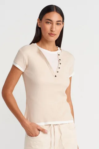Damen Baumwoll V-Ausschnitt Knopf T-Shirt