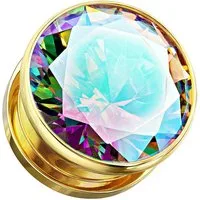 Taffstyle Plug Chirurgenstahl mit großen eingefassten Rainbow Zirkonia Kristall (Glänzender Ohr Plug Piercing mit Kristall in Rainbow Optik in mehreren Größen)