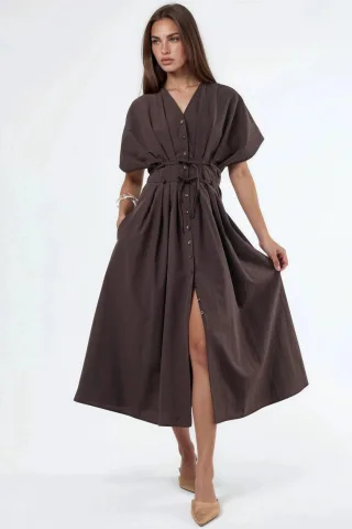 Lässiges V-Ausschnitt Midi-Hemd Kleid