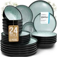PURE LIVING INTERIOR DESIGN Geschirr-Set Pure Living »Ibiza« (24-tlg), 6 Personen, Steingut, Salbeigrün, 6 Personen, Steingut, Mediterrane Handwerksoptik, Reaktive Glasur – jedes Stück einzigartig…