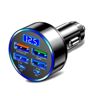 100W 6-Port USB PD Car Charger Adapter 4USB-A+2USB-C PD QC3.0 Support FCP VOOC Fast Charging with Blue LED Display for i