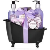 BRUBAKER Hautreinigungs-Set Bade- und Dusch Set mit Lavendel & Vanille Duft, Pflegeset, 9-tlg., Damen Geschenkset mit Deko Badewanne Schwarz, Badeset