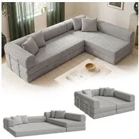skølm Sofa & Sessel Lofn aus Vollschaum Cord, umwandelbar zum Schlafsofa/-Sessel, Hellgrau, Ecksofa 300 cm breit, 4 Sitzer, kein Aufbau erforderlich, vakuumiert