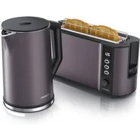 Arendo Frühstücks-Set Wasserkocher 1,5l & 2-Scheiben Langschlitz Toaster, Edelstahl, Grau (2-tlg), Wasserkocher mit Temperaturwahl, Toaster mit Brötchenaufsatz