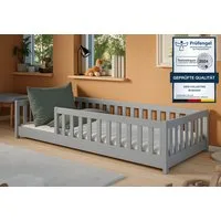 Kids Collective Kinderbett Bodenbett Bett mit Rausfallschutz & Lattenrost Montessori Bett Kinder (weitere Größen 80x160, 80x180, 90x200, 120x200, 140x200 cm), Jugendbett Einzelbett mit Matratze Aschgrau Kiefer 90x190 cm