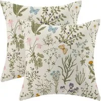 Diwzbyn Kissenbezug Dekorative Kissenhüllen 45 x 45 cm, Salbeigrün mit rosa Wildblumen, (2 Stück), dekorative Kissen für Sofa, Couch, Stuhl oder Bett, Leinen Sofakissen