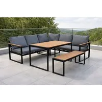 Gardissimo Gartenlounge-Set Tony Dining Eck Lounge Set Aluminium in Holz Optik, (Spar-Set, 3-tlg., 1 Eckelement + 1 XL Bank + 1 hoher Tisch + 8 Auflagen), wetterfest / langlebig / pflegeleicht