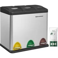 SONGMICS Mülleimer 3x8 L, kleine Kapazität, Mülltrennsystem 3 Fächer, für kleine Familien, Küche, mit Deckel, Stahl-Treteimer, Pedale und Inneneimer, silbern