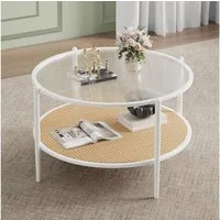 GarveeMore Beistelltisch Runder 2-stöckiger aus Rattan,Boho-Couchtisch für Wohnzimmer und Büro, runder Beistelltisch mit Glasplatte in Wellenform und Metallgestell