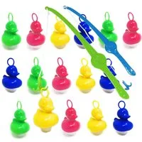AMLI Spielzeug-Gartenset Entenangeln 16x Bunte Enten inkl. 2 Angeln, Plastikente Öse Angelspiel Kinder