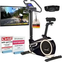 Skandika Heimtrainer Fahrrad Morpheus, Ergometer für Zuhause, Fitnessbike bis 150 kg (Bluetooth, Tablet-/Smartphone-Halterung, Transportrollen), 12kg Schwungmasse, 32 Stufen, 24 Programme, kompatibel mit Kinomap/App