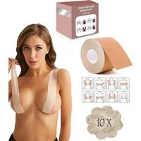 soulima Bügelloser BH Boob Tape Brustband Klebe BH +10x Brustwarzenabdeckungen sicherer Halt (Brustband-Set, 1x Brustband, 10x Brustwarzenabdeckung) Unsichtbar