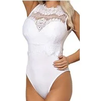 HO-Ersoka Kurzarmbody Damen Body blickdicht mit Spitze ärmellos, Bodysuit elegant 2 Farben