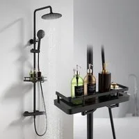 HOMELODY Duschsystem mit Thermostat und Duschablage - Duscharmatur Komplettset schwarz, 2 Strahlart(en), Set, Funktional und hochwertig – für ein rundum perfektes Duscherlebnis., mit runder Regendusche, 3-Strahl-Handbrause, 38 °C Sicherheitssperre