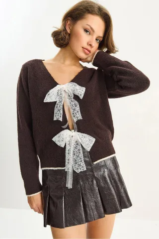 Strick V-Ausschnitt Cardigan mit Spitzenbindeverschluss