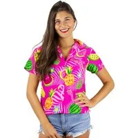 King Kameha Hawaiihemd Flamingo Melone Funky Hawaiibluse Damen Kurzarm Front-Tasche Stylish