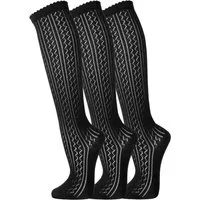 TippTexx 24 Trachtensocken 3 Paar lange Damen Kniestrümpfe Häkellook Trachtenstrümpfe Baumwolle (3 Paar) Häkellook-Lochmuster, weiches Abschlussbündchen mit Wellenrand