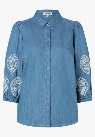 MORE & MORE - Jeansbluse mit Stickerei und Ballonärmeln blau - Gr. - 36