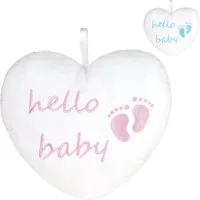 BRUBAKER Dekokissen Plüschherz Hello Baby 25 cm - Babyparty Geschenk zur Geburt, Zierkissen Herz aus Plüsch - Babyzimmer Deko - Kissen