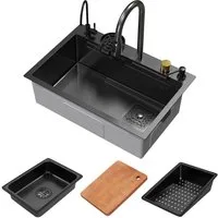 ML-DESIGN Küchenspüle Spülbecken aus Edelstahl Einbauspüle mit Wasserhahn & anderem Zubehör, 68/46 cm, Küchenspüle Multifunktionale Anthrazit rechteckig Waschbecken