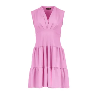 Rosa ärmelloses Jerseykleid mit V-Ausschnitt – Lockere Passform, knielang