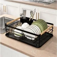 BlingBin Geschirrständer Geschirr Abtropfgestell mit Auffangschale, 43 × 30,5 × 14 cm, Rostfrei Spülkorb mit Holzgriff für Teller, Töpfe & Besteck, Schwarz