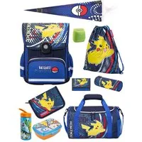 Familando Schulranzen Pokemon Blau, Pikachu Schultasche ab der 1. Klasse (Set, 10-tlg., Komplett mit Schultüte 85 cm), ergonomisch, mit Brustgurt, 990 Gramm leicht