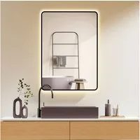 HOKO Badspiegel Antibeschlag LED 50x70 / 60x80 / 70x100 cm mit Metallrahmen (HOCH+QUER Montage. Touch Schalter+Licht Wechsel 2700-6500K, Warmweiß-Kaltweiß-Neutral. Licht mit Touch Schalter und mit Wandschalter einschaltbar, Memory-Funktion. IP44, 5mm