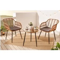 riess-ambiente Balkonset PARIS braun - Polyrattan, Glas, Bistro, wetterfest, In- & Outdoor, (Set, 3-tlg., Beistelltisch, 2x Stuhl), Moderne Sitzgruppe inkl. Kissen - ideal für Balkon, Terrasse & Garten