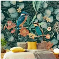 Bilderdepot24 Vliestapete Vintage Blumenparadies Eisvogel Kolibri Natur Dschungel Tropisch Tiere, Glatt, Matt, (Vliestapete inkl. Kleister oder selbstklebend), Wohnzimmer Schlafzimmer Küche Flur Fototapete Motivtapete Wandtapete