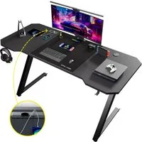 GTPLAYER Schreibtisch 120×60 Gaming Tisch mit Mauspad PC Tisch Kohlefaseroberfläche, Stabiler Computertisch mit Kopfhörerhaken, Schwarz