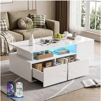 oyajia Couchtisch Wohnzimmertisch Hochglanz mit LED Beleuchtung & Fernsteuerung APP (Bluetooth-Fernbedienung.App-Steuerung, offenen Fächern,stabil, pflegeleicht, Hochglanz-Design), 100 x 50 x 35cm Beistelltisch,mit 2 Schubladen,Farbwechsel-LEDs