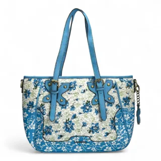 Laura Vita Aloe-02 Dames Schoudertas mit blauem Blumendruck und verstellbaren Bändern