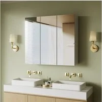 oyajia Spiegelschrank Badezimmerschrank Aufbewahrungsschrank Schminkspiegel (Badezimmerschrank mit 3 Türen, weiß, 70x63x15cm, Holz) verstellbare Ablagen, weiß