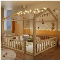 REDOM Kinderbett Holzbett Funktionsbett (mit LED & Sicherheitsgitter aus Kiefernholz, 90x190cm*2/180x190cm), Inklusive Matratze