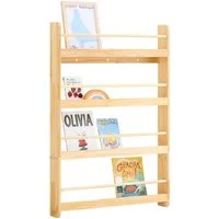 SoBuy Bücherregal DE-KMB08, Spielzeugtruhe Spielzeugregal für Kinderzimmer, Spielzimmer, mit 4 Ablagen, Kiefernholz, Kinderregal, Bücherregal Kinder, Wandregal