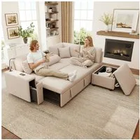 Odikalo Ecksofa Schlafsofa Schlafcouch mit Schlaffunktion, L-Form, mit Stauraum‑Hocker, klappbarem Couchtisch, USB‑ und Type‑C‑Anschluss, Leselicht und 2 Kissen