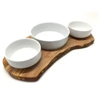 Olivenholz-erleben Futterstation RUSTY TRIO 3-in-1 für Futter und Wasser 2x 0,4L und 1x 0,9L Schalen, Porzellan, Rustikal & edel – echtes Olivenholz kombiniert mit weißem Porzellan