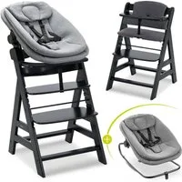 Hauck Hochstuhl Alpha Plus Black Newborn Set (Set), Holz Babyhochstuhl ab Geburt inkl. Neugeborenenaufsatz & Sitzauflage
