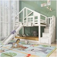 Flieks Etagenbett, Kinderbett Hausbett Hochbett mit Rutsche und Stauraumtreppe 90x200cm