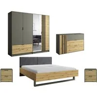 Deine Möbel 24 Schlafzimmer-Set RON A – modernes Komplett-Schlafzimmer in Artisan Eiche / Graphit, (Set, 5-tlg., ideal für Ihr Schlafzimmer, Bett 160x200 / 180x200), inkl. Kleiderschrank, Doppelbett, Kommode & 2 Nachttische